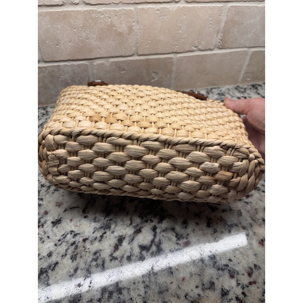 Vtg Y2K Elka Woven Straw Floral Satchel Purse Croc Leather Handle Boho Handbag - Picture 4 of 13